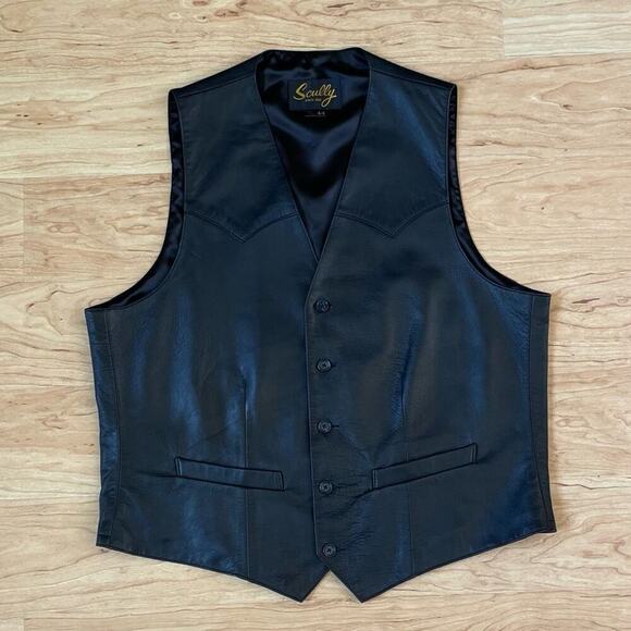 Scully Black Leather Vest Men's 44 Western Cowboy Style Button - Picture 2 of 7